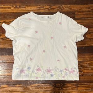 Croft & Barrow White Floral Embroidery Cotton T-Shirt Large